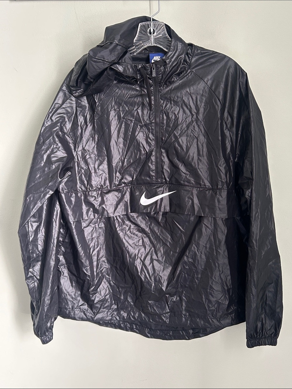 Nike Black Half-Zip Hooded Windbreaker with White Swoosh